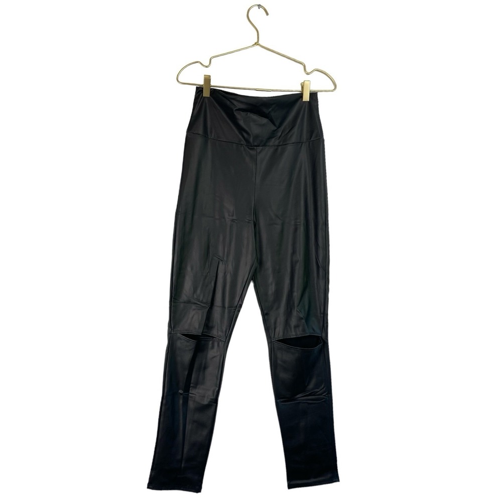 L's Boutique Black Faux Leather High Rise Knee Slit Pants Size L WP480